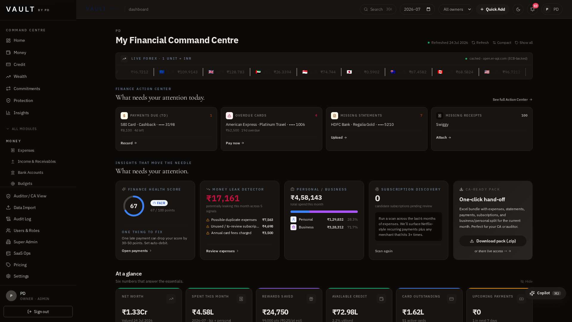 VAULT dashboard — real product screenshot